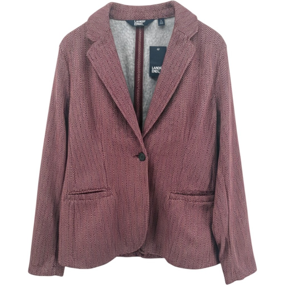 Lands End Womens Fleece Blazer Burgundy Herringbone Single Button Jacket L 14-16